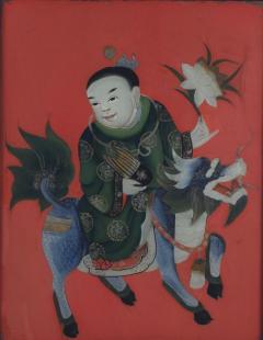 Reverse Glass Painting of a Boy Riding a Qilin China circa 1920 - 4203331