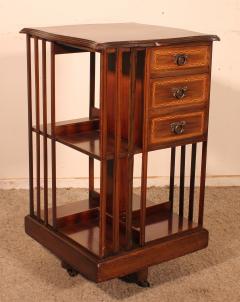 Revolving Bookcase In Mahogany And Inlays 19th Century With Three Drawers - 3105438