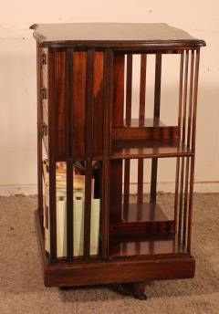 Revolving Bookcase In Mahogany And Inlays 19th Century With Three Drawers - 3105442