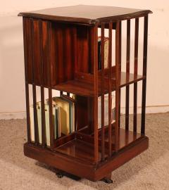 Revolving Bookcase In Mahogany And Inlays 19th Century With Three Drawers - 3105443
