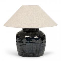 Ribbed Black Glazed Table Lamp with Linen Shade - 4642675