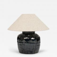 Ribbed Black Glazed Table Lamp with Linen Shade - 4642676