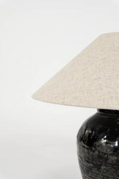Ribbed Black Glazed Table Lamp with Linen Shade - 4642847