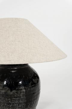 Ribbed Black Glazed Table Lamp with Linen Shade - 4642849