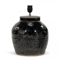 Ribbed Black Glazed Table Lamp with Linen Shade - 4642850