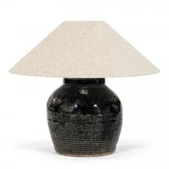 Ribbed Black Glazed Table Lamp with Linen Shade - 4642968