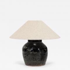 Ribbed Black Glazed Table Lamp with Linen Shade - 4642970