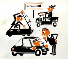 Richard Erdoes BMW Isetta Messerschmitt Crazy Cars Autobahn Humorous Illustration - 4017502