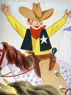 Richard Scarry Brave Cowboy Bill Little Golden Book Original 2 Page Illustration - 4797097
