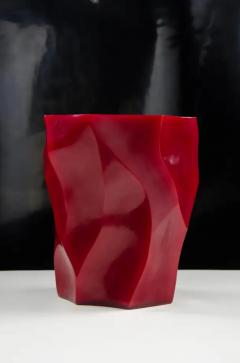 Robert Kuo Contemporary Bamboo Shaven Peking Glass Vase in Raspberry by Robert Kuo - 3838444