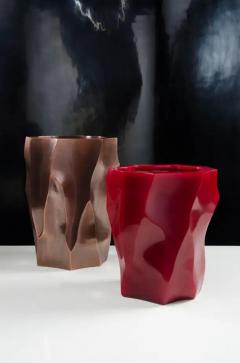 Robert Kuo Contemporary Bamboo Shaven Peking Glass Vase in Raspberry by Robert Kuo - 3838449