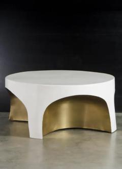 Robert Kuo Contemporary Brass Rimmed Curved Table w Cream Lacquer by Robert Kuo - 3835111