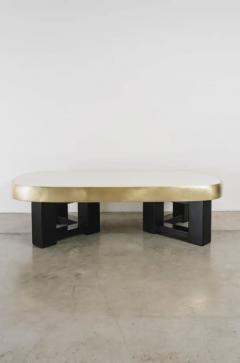 Robert Kuo Contemporary Cream Lacquer Oblong Cocktail Table with Brass Trim by Robert Kuo - 3831733