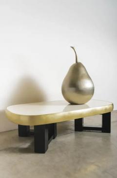 Robert Kuo Contemporary Cream Lacquer Oblong Cocktail Table with Brass Trim by Robert Kuo - 3831735