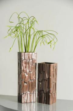 Robert Kuo Contemporary Hand Repouss Kuai Block Vase in Antique Copper by Robert Kuo - 3835113