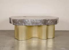 Robert Kuo Contemporary Leaf Design Cocktail Table in Smoke Crystal and Brass by Robert Kuo - 3838369