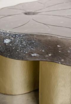 Robert Kuo Contemporary Leaf Design Cocktail Table in Smoke Crystal and Brass by Robert Kuo - 3838379