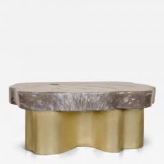 Robert Kuo Contemporary Leaf Design Cocktail Table in Smoke Crystal and Brass by Robert Kuo - 3848972