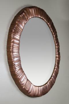 Robert Kuo Hand Repouss Antique Copper Feather Design Round Mirror by Robert Kuo - 4513491