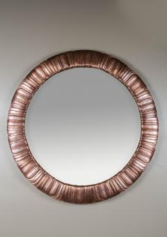 Robert Kuo Hand Repouss Antique Copper Feather Design Round Mirror by Robert Kuo - 4513495