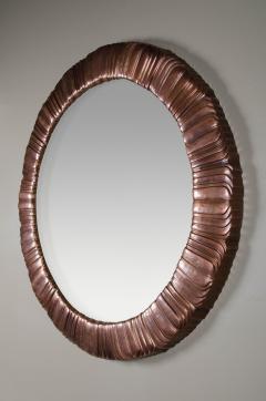 Robert Kuo Hand Repouss Antique Copper Feather Design Round Mirror by Robert Kuo - 4513499