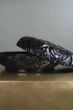 Robert Kuo Round Leaf Design Box Black Lacquer by Robert Kuo Limited Edition in Stock - 3830073