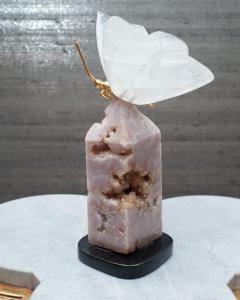 Rock Crystal Butterfly Sculpture on Pink Geode Obelisk Base - 3455988