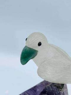 Rock Crystal and Amethyst Geode Sculpture of A Carved Parrot Bird