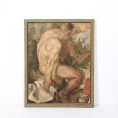 Romanticist Oil on Burlap Painting of a Nude Male Figure Bathing in a River - 2809790