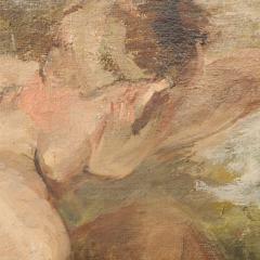 Romanticist Oil on Burlap Painting of a Nude Male Figure Bathing in a River - 2809792