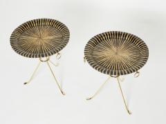 Romeo Paris Pair of Romeo Paris brass straw marquetry gueridon tables 1970s - 1959290