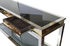 Romeo Rega Mid Century Italian Console Table with Drawers in Brass Chrome Glass 1970s - 3450220