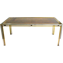 Romeo Rega Romeo Rega 1970s Brass Nickel Desk Dining Table with Gold Leaf Glass Top - 329162