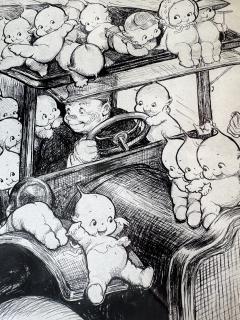 Rose Cecil O Neill Kewpie Car Hop On and Go to a Happy Place Pen and Ink Original - 4815877
