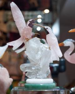Rose Quartz Hummingbird Pair Sculpture on Rock Crystal and Marble Mineral Base - 3457148
