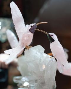 Rose Quartz Hummingbird Pair Sculpture on Rock Crystal and Marble Mineral Base - 3457149