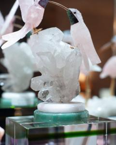 Rose Quartz Hummingbird Pair Sculpture on Rock Crystal and Marble Mineral Base - 3457150