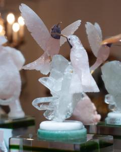 Rose Quartz Hummingbird Pair Sculpture on Rock Crystal and Marble Mineral Base - 3457151