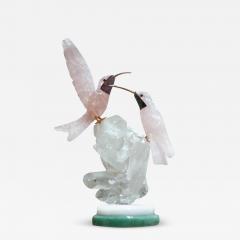 Rose Quartz Hummingbird Pair Sculpture on Rock Crystal and Marble Mineral Base - 3457970