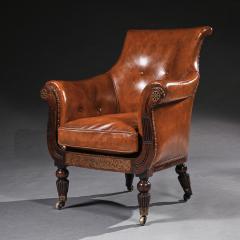 Rosewood and Brass Inlaid Leather Library Bergere Armchair - 3897049