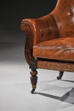 Rosewood and Brass Inlaid Leather Library Bergere Armchair - 3897052