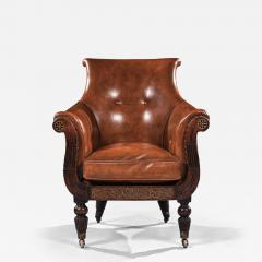 Rosewood and Brass Inlaid Leather Library Bergere Armchair - 3900580