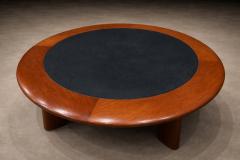 Round Coffee Table in Solid Hardwood Black Leather Brazilian Modern 1970s - 4586238