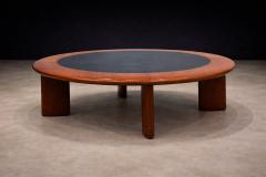 Round Coffee Table in Solid Hardwood Black Leather Brazilian Modern 1970s - 4586239