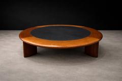 Round Coffee Table in Solid Hardwood Black Leather Brazilian Modern 1970s - 4586243