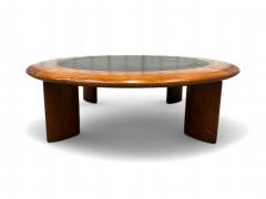 Round Coffee table in Hardwood Black Leather Unknown 1970s Lot 558 - 4336407