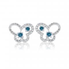 Round Cut Blue and White Diamond Butterfly Outline Stud Earrings - 3573816