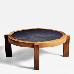 Round Oak Coffee Table with dark Slate Top - 4392877