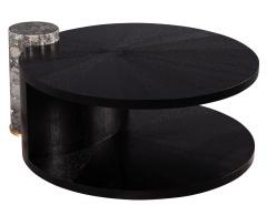 Round Sunburst Oak Marble Pedestal Black Cocktail Coffee Table - 2536556