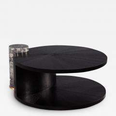 Round Sunburst Oak Marble Pedestal Black Cocktail Coffee Table - 2549258